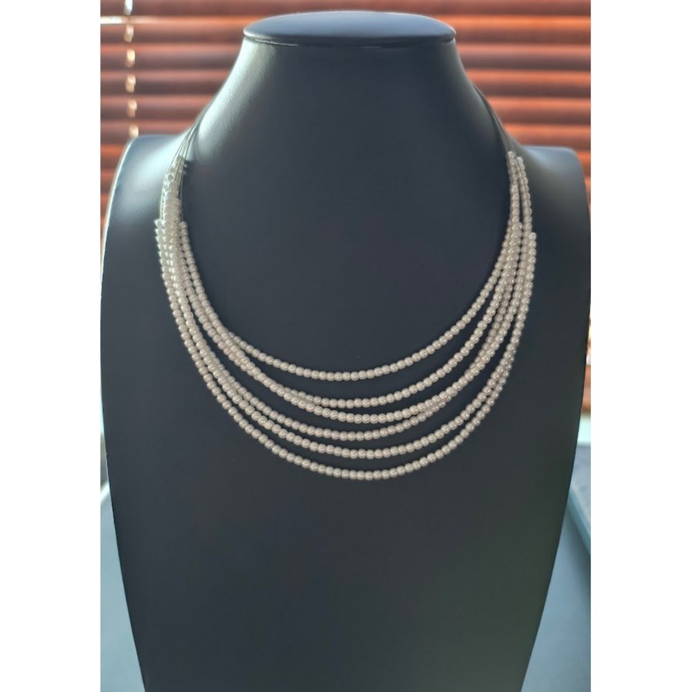 Women Multi Strand Faux Pearl Necklace Silver Tone Layered Bib White Beads